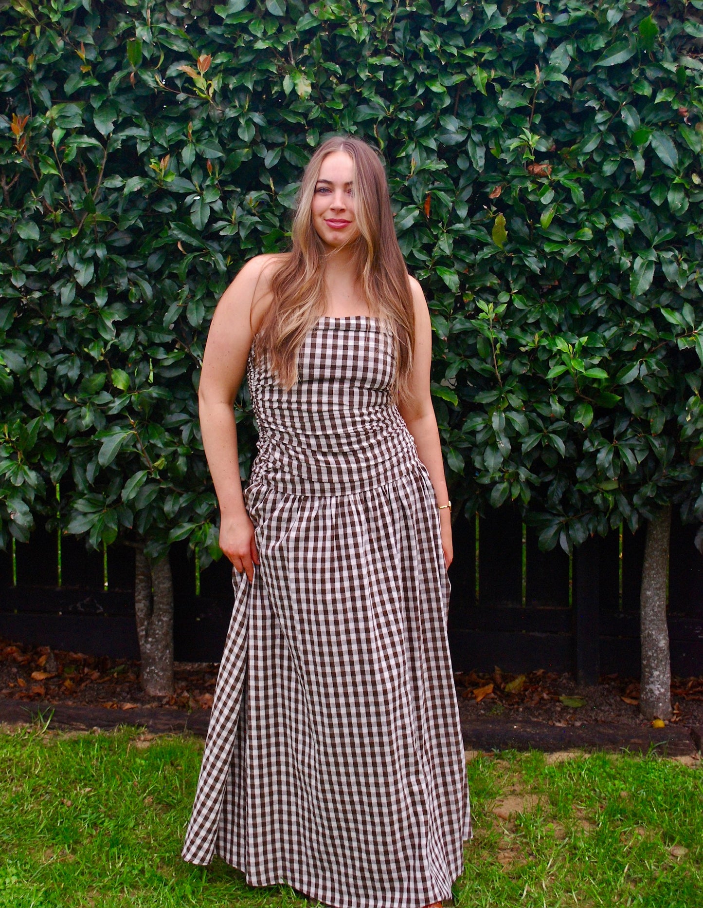 Carmel Maxi Dress in Brown Gingham / 12