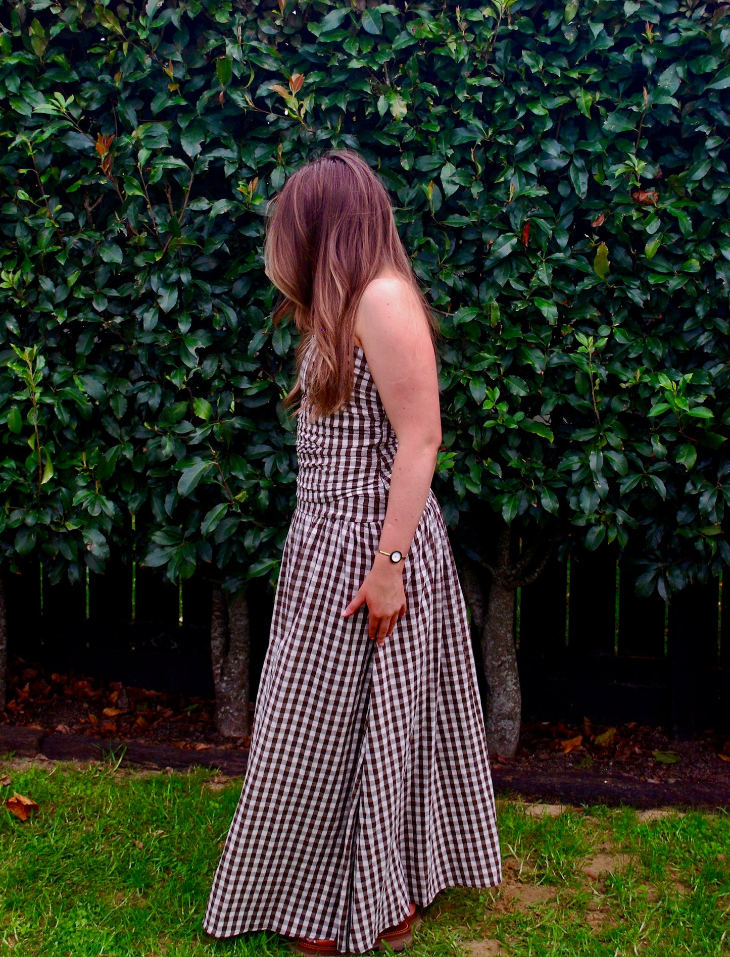 Carmel Maxi Dress in Brown Gingham / 12