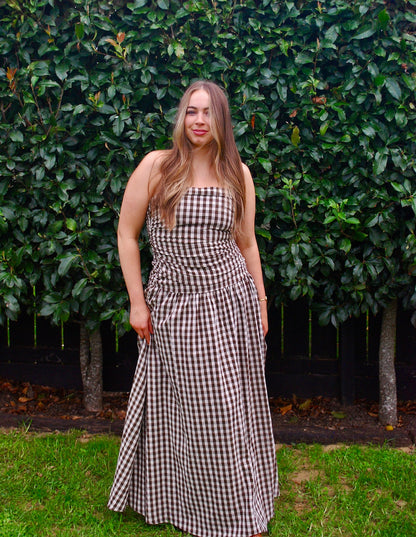 Carmel Maxi Dress in Brown Gingham